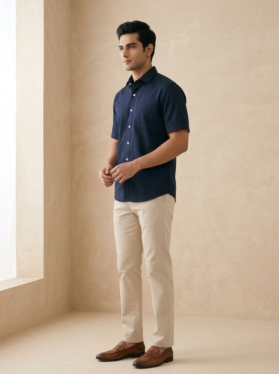 Navy Blue Classic Solid Cotton Shirt - Image 3