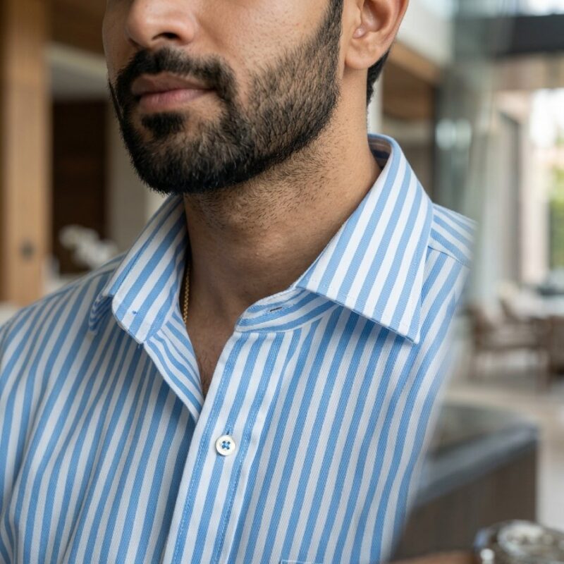 Sky Blue Bengal Stripe Cotton Shirt - Collar & Fabric Detail