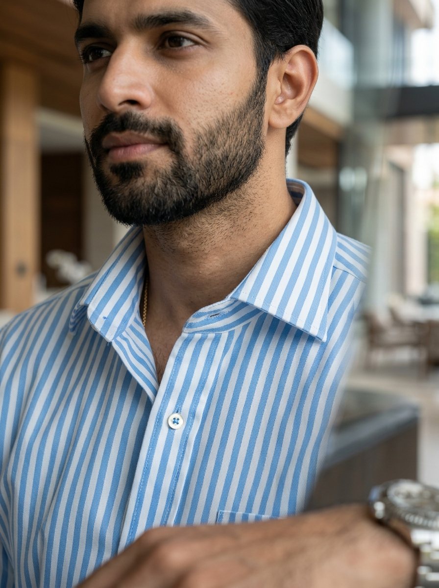 Sky Blue Bengal Stripe Cotton Shirt - Standing Model