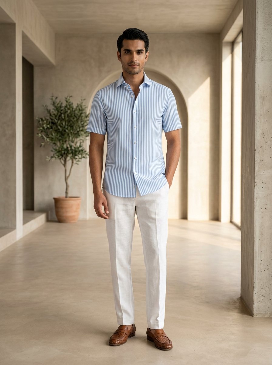 Sky Blue Bengal Stripe Cotton Shirt - Standing Model