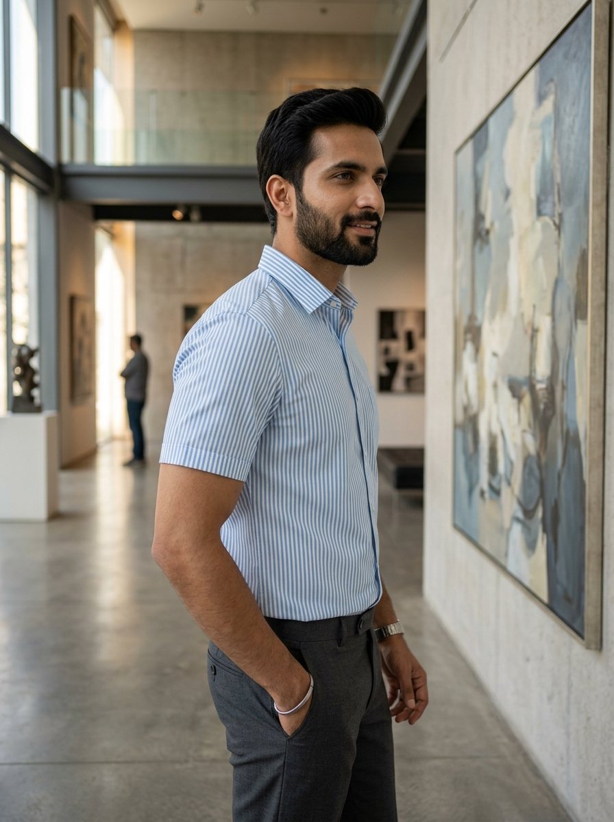 Sky Blue Bengal Stripe Cotton Shirt - Side Angle